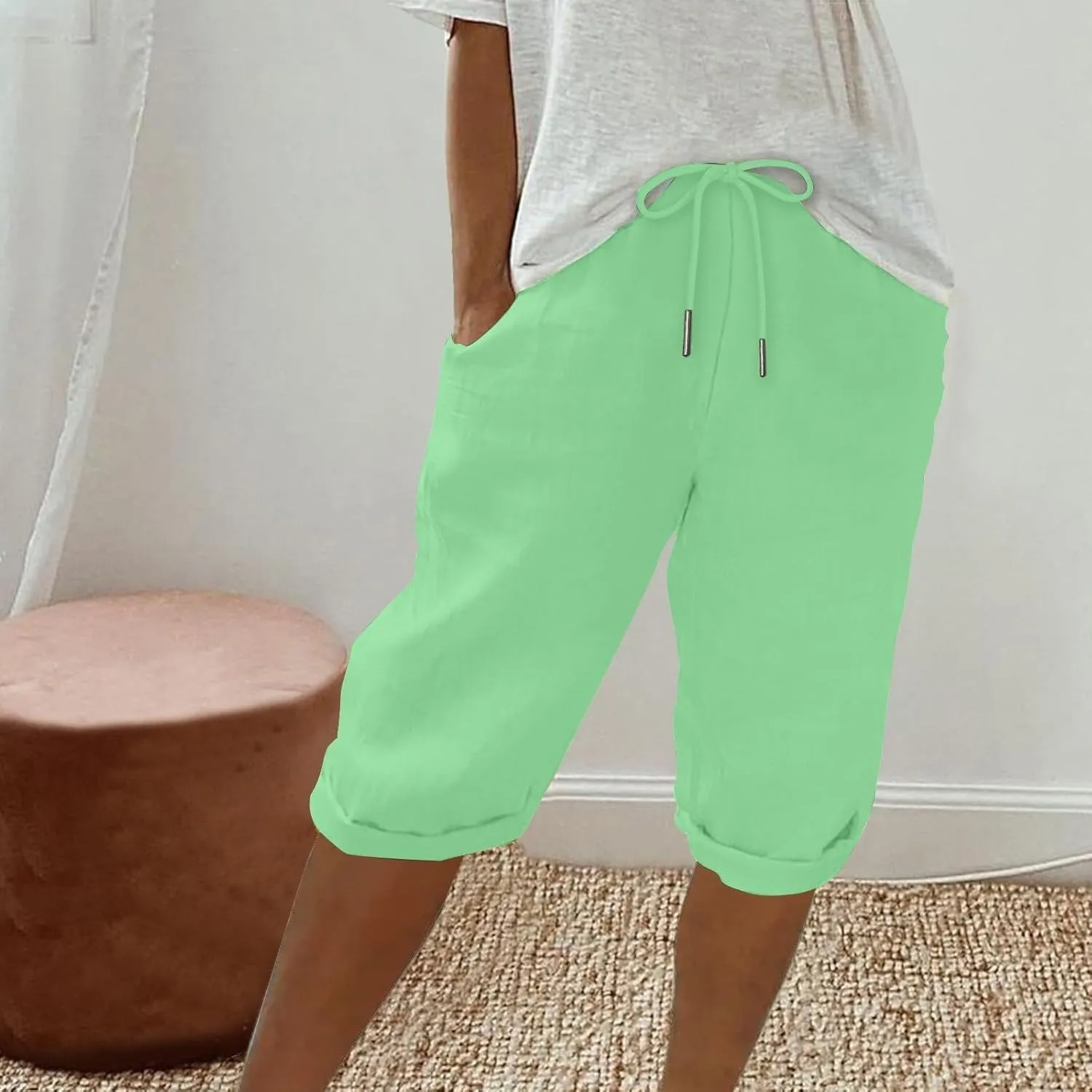 Women Linen Capri Pants Summer Drawstring Elastic Waisted Drawstring Shorts Ladies Casual Beach Pant with Pockets