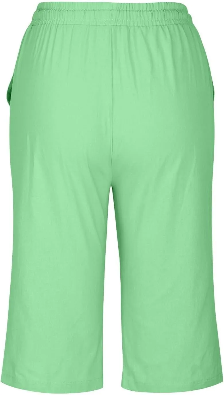 Women Linen Capri Pants Summer Drawstring Elastic Waisted Drawstring Shorts Ladies Casual Beach Pant with Pockets