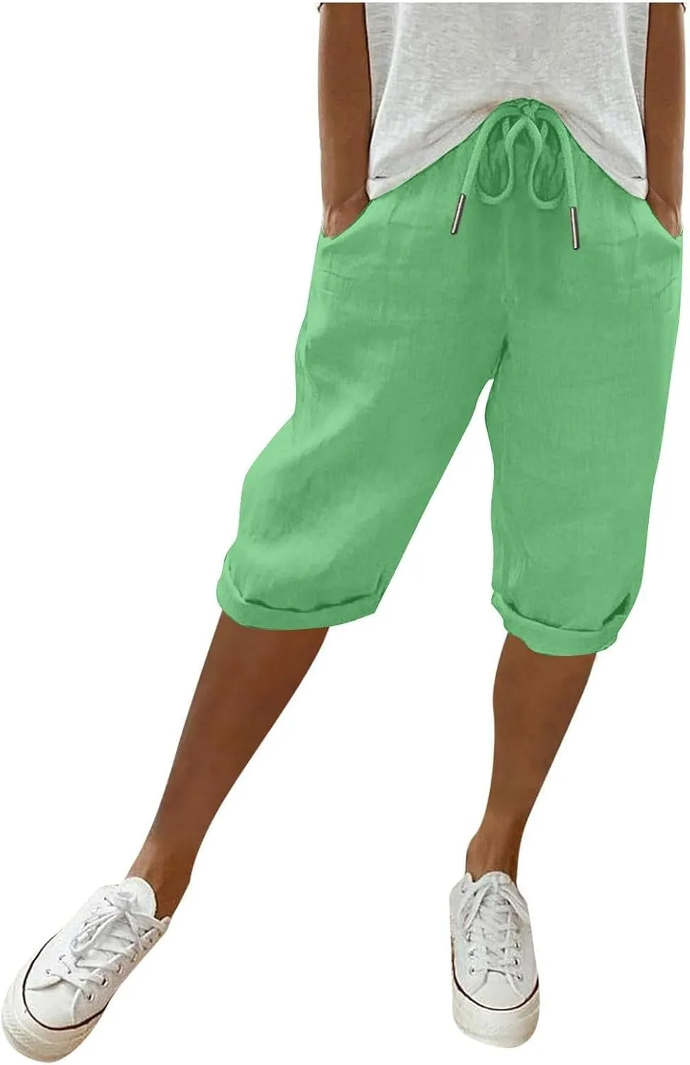 Women Linen Capri Pants Summer Drawstring Elastic Waisted Drawstring Shorts Ladies Casual Beach Pant with Pockets