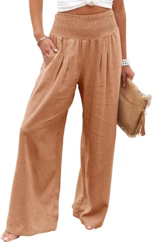 Women Linen Palazzo Pants Summer Bohemian Wide Leg High Waist Trousers Casual Lounge Slacks with Pockets