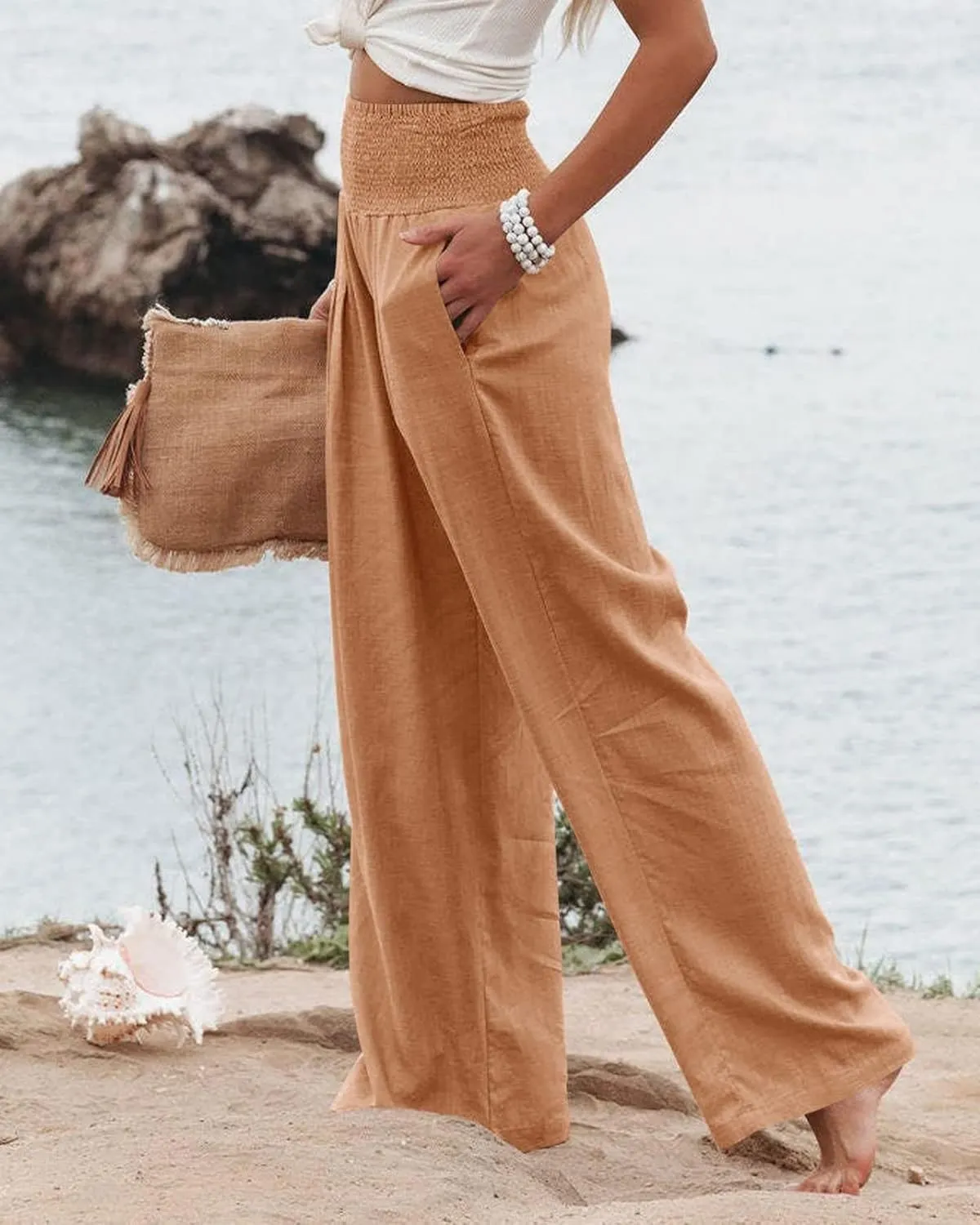 Women Linen Palazzo Pants Summer Bohemian Wide Leg High Waist Trousers Casual Lounge Slacks with Pockets