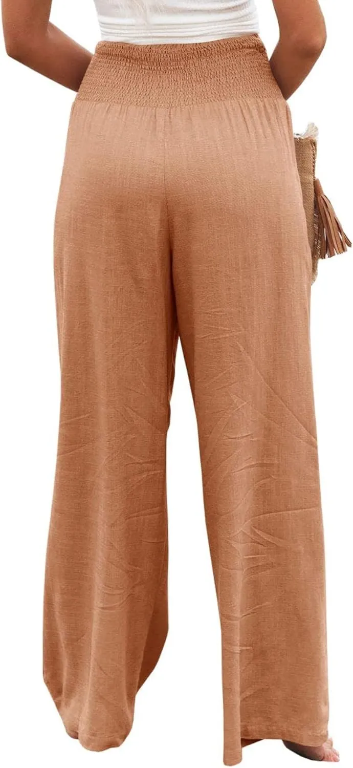 Women Linen Palazzo Pants Summer Bohemian Wide Leg High Waist Trousers Casual Lounge Slacks with Pockets