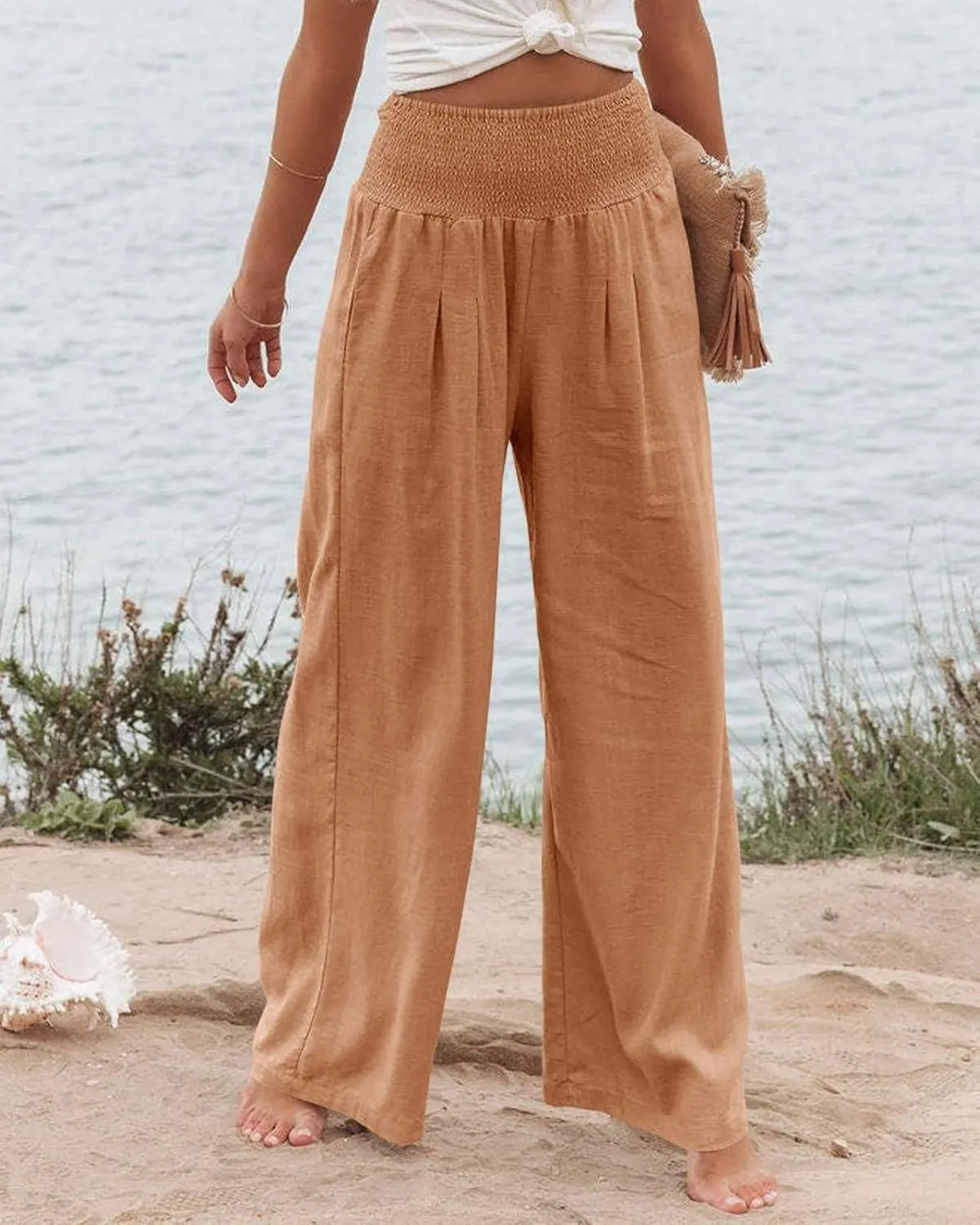 Women Linen Palazzo Pants Summer Bohemian Wide Leg High Waist Trousers Casual Lounge Slacks with Pockets