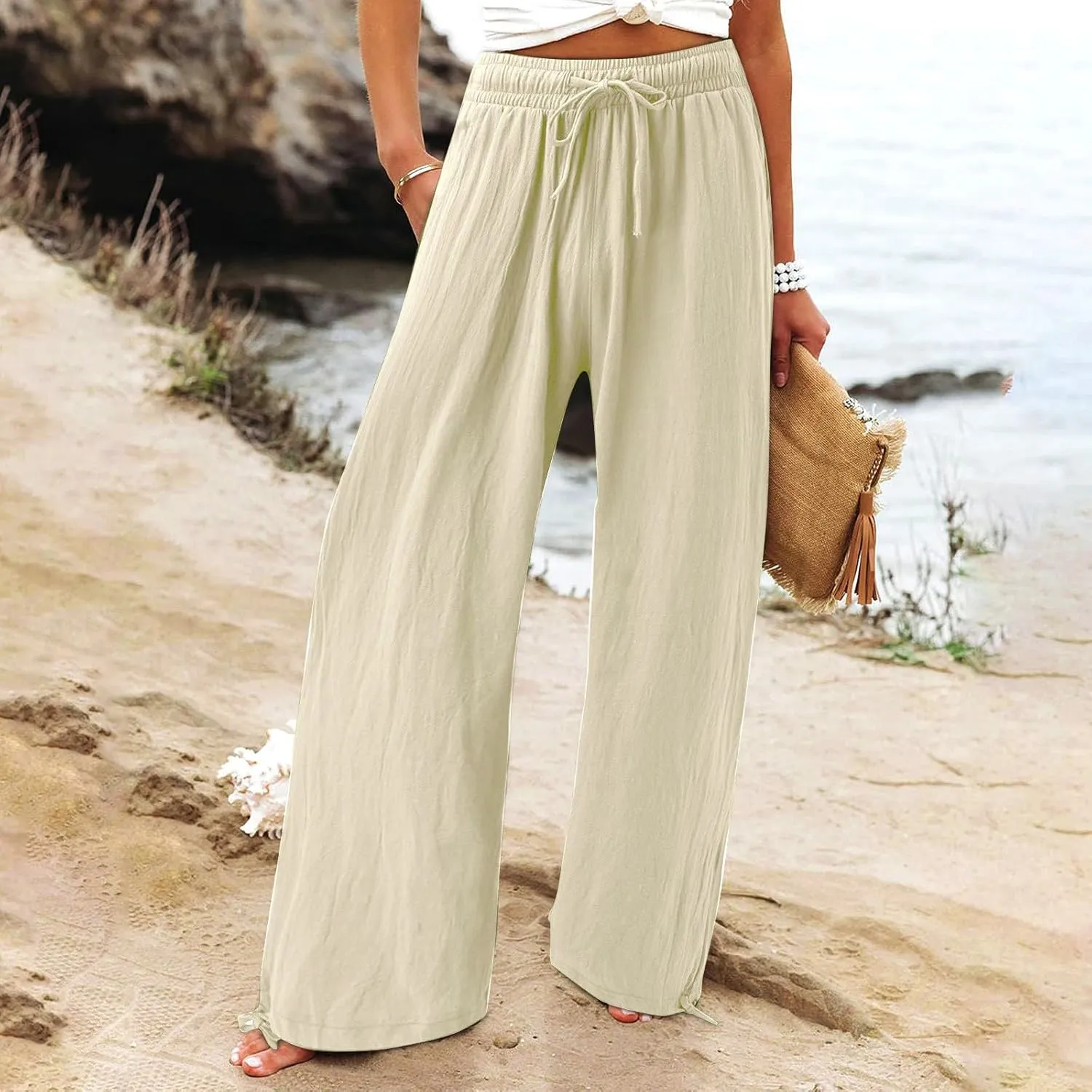 Women Linen Palazzo Pants Summer Boho Beach Yoga Pant Wide Leg Drawstring High Waist Lounge Trousers with Pockets