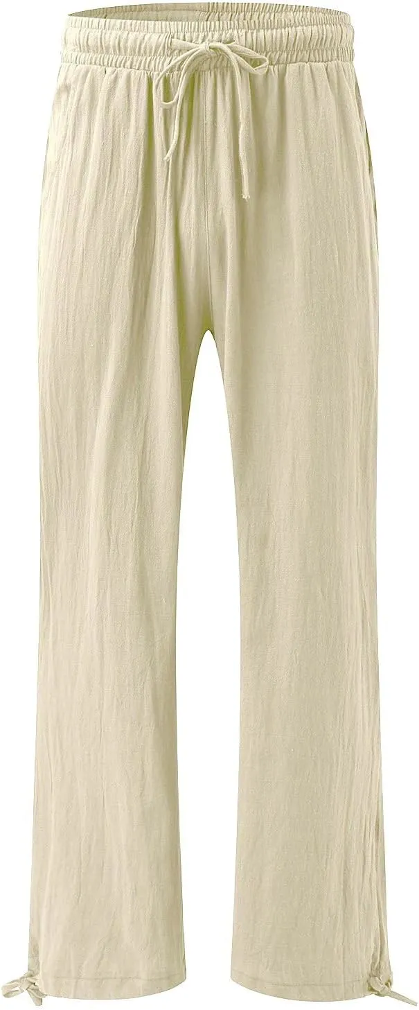 Women Linen Palazzo Pants Summer Boho Beach Yoga Pant Wide Leg Drawstring High Waist Lounge Trousers with Pockets