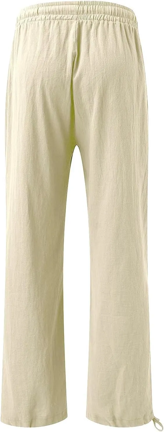 Women Linen Palazzo Pants Summer Boho Beach Yoga Pant Wide Leg Drawstring High Waist Lounge Trousers with Pockets