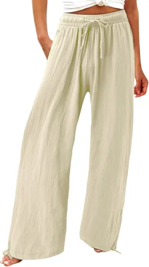 Women Linen Palazzo Pants Summer Boho Beach Yoga Pant Wide Leg Drawstring High Waist Lounge Trousers with Pockets