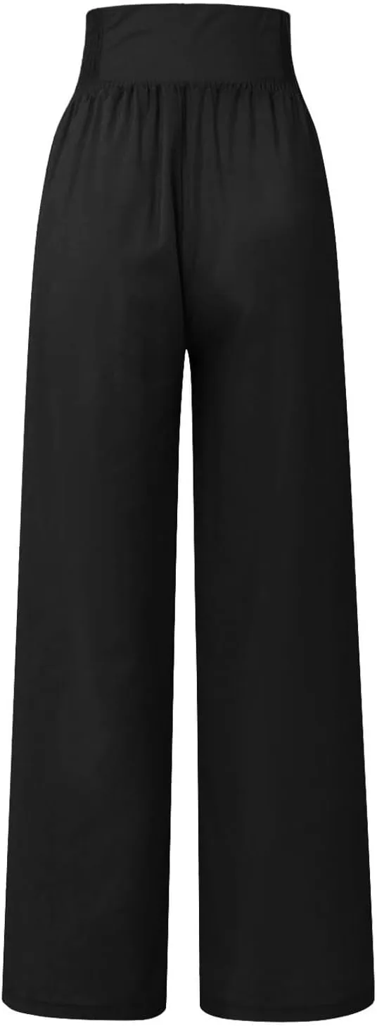 Women Linen Palazzo Pants Summer High Waist Wide Leg Flowy Smocked Pants Beach Vacation Clothes Casual Lounge Outfits