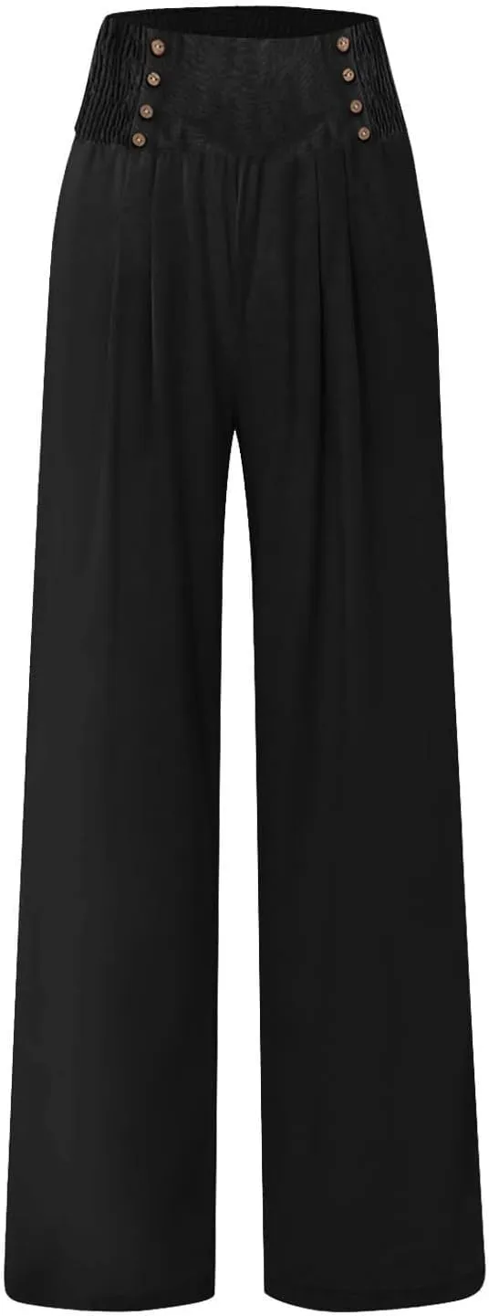 Women Linen Palazzo Pants Summer High Waist Wide Leg Flowy Smocked Pants Beach Vacation Clothes Casual Lounge Outfits