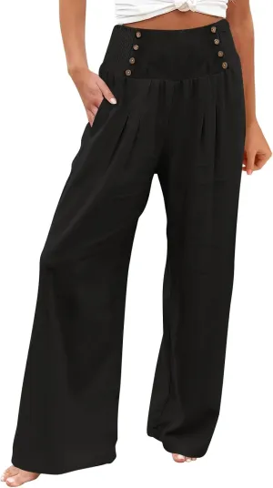 Women Linen Palazzo Pants Summer High Waist Wide Leg Flowy Smocked Pants Beach Vacation Clothes Casual Lounge Outfits