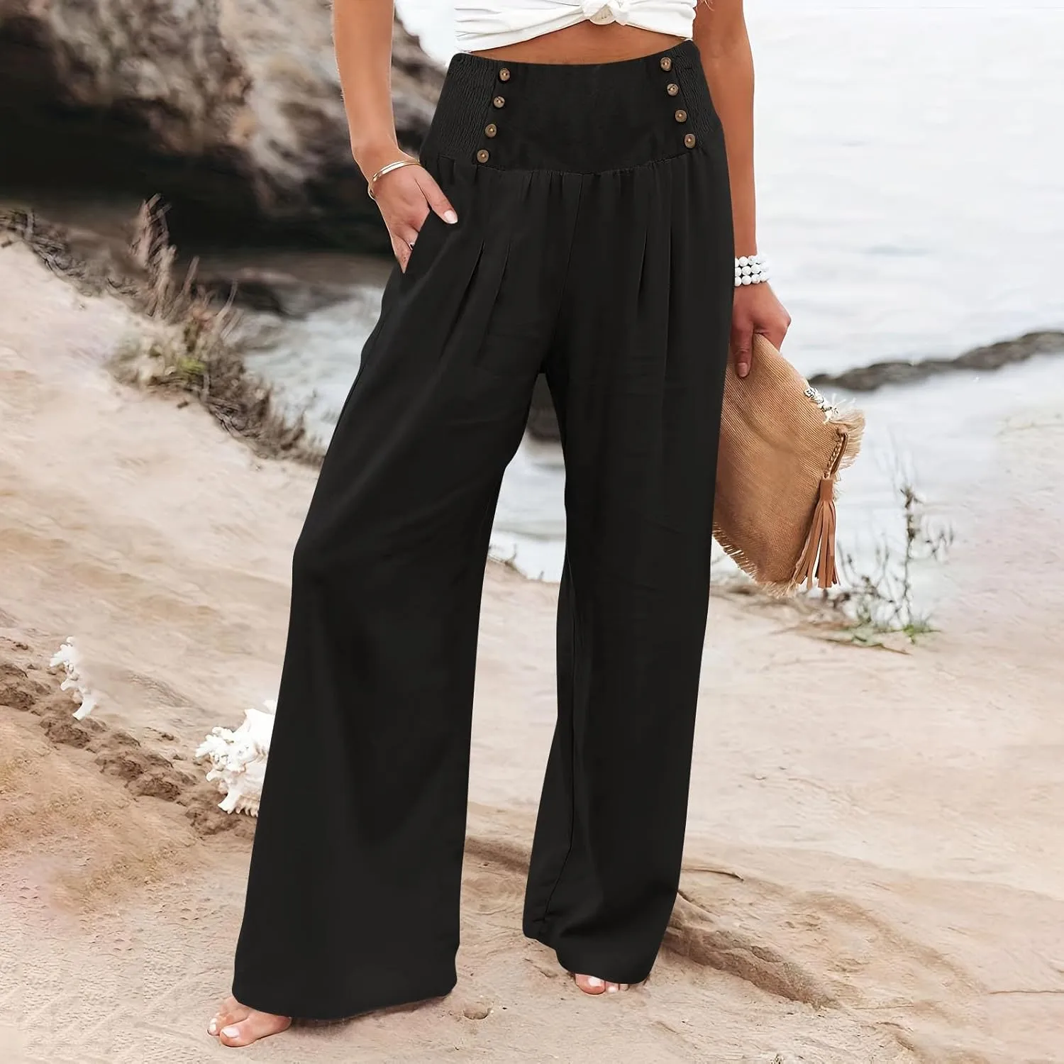 Women Linen Palazzo Pants Summer High Waist Wide Leg Flowy Smocked Pants Beach Vacation Clothes Casual Lounge Outfits