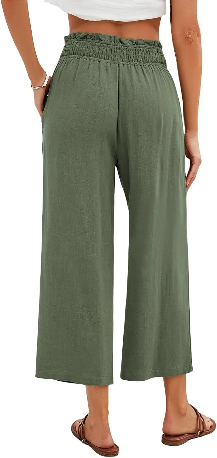 Women Linen Pants Boho Wide Leg High Waisted Pant Flowy Lounge Trousers Summer Beach Vacation Outfits with Pockets