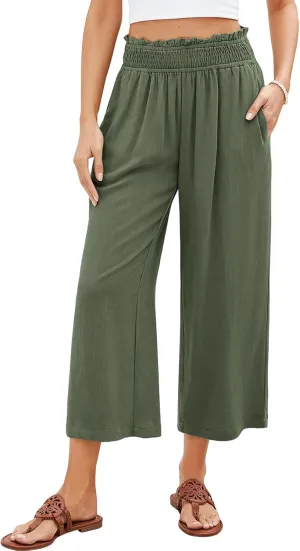 Women Linen Pants Boho Wide Leg High Waisted Pant Flowy Lounge Trousers Summer Beach Vacation Outfits with Pockets