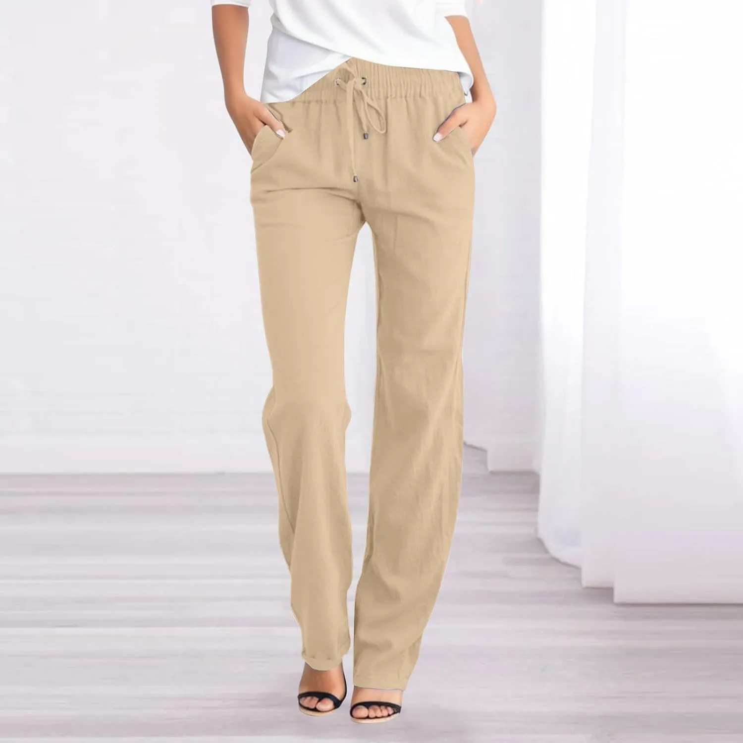 Women Linen Pants Casual Slim High Elastic Waist Color Sports and Linen Pants Summer Outfits for Women