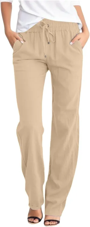 Women Linen Pants Casual Slim High Elastic Waist Color Sports and Linen Pants Summer Outfits for Women