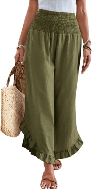 Women Linen Pants Summer Wide Leg Pants Smocked Waist Ruffle Hem Palazzo Pant Boho Flowy Beach Pant with Pocket