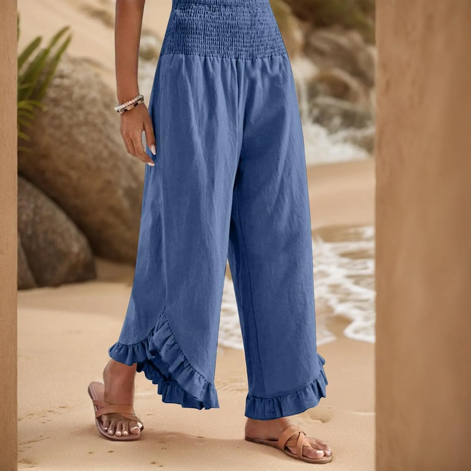Women Linen Pants Summer Wide Leg Pants Smocked Waist Ruffle Hem Palazzo Pant Boho Flowy Beach Pant with Pocket