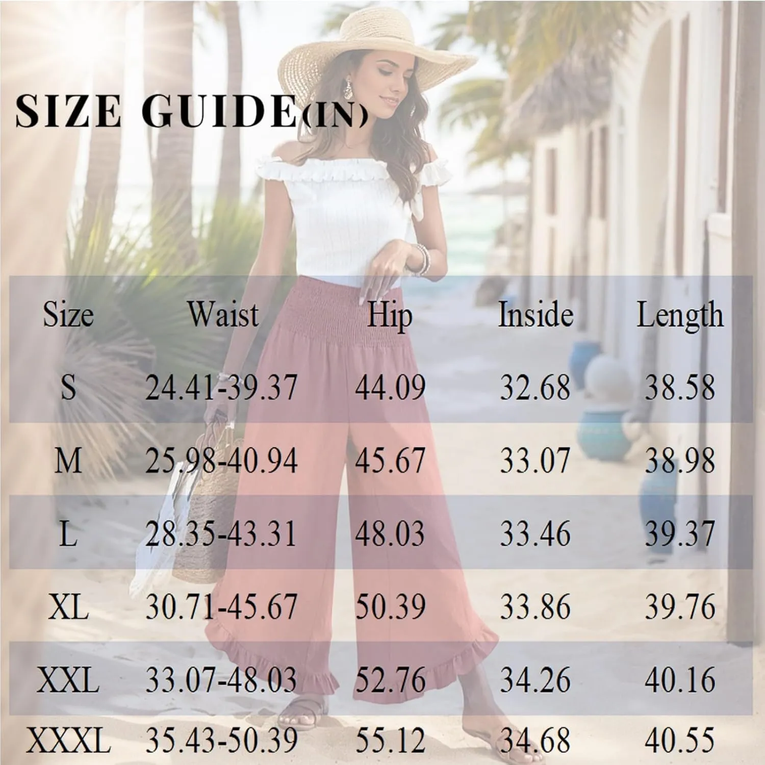Women Linen Pants Summer Wide Leg Pants Smocked Waist Ruffle Hem Palazzo Pant Boho Flowy Beach Pant with Pocket