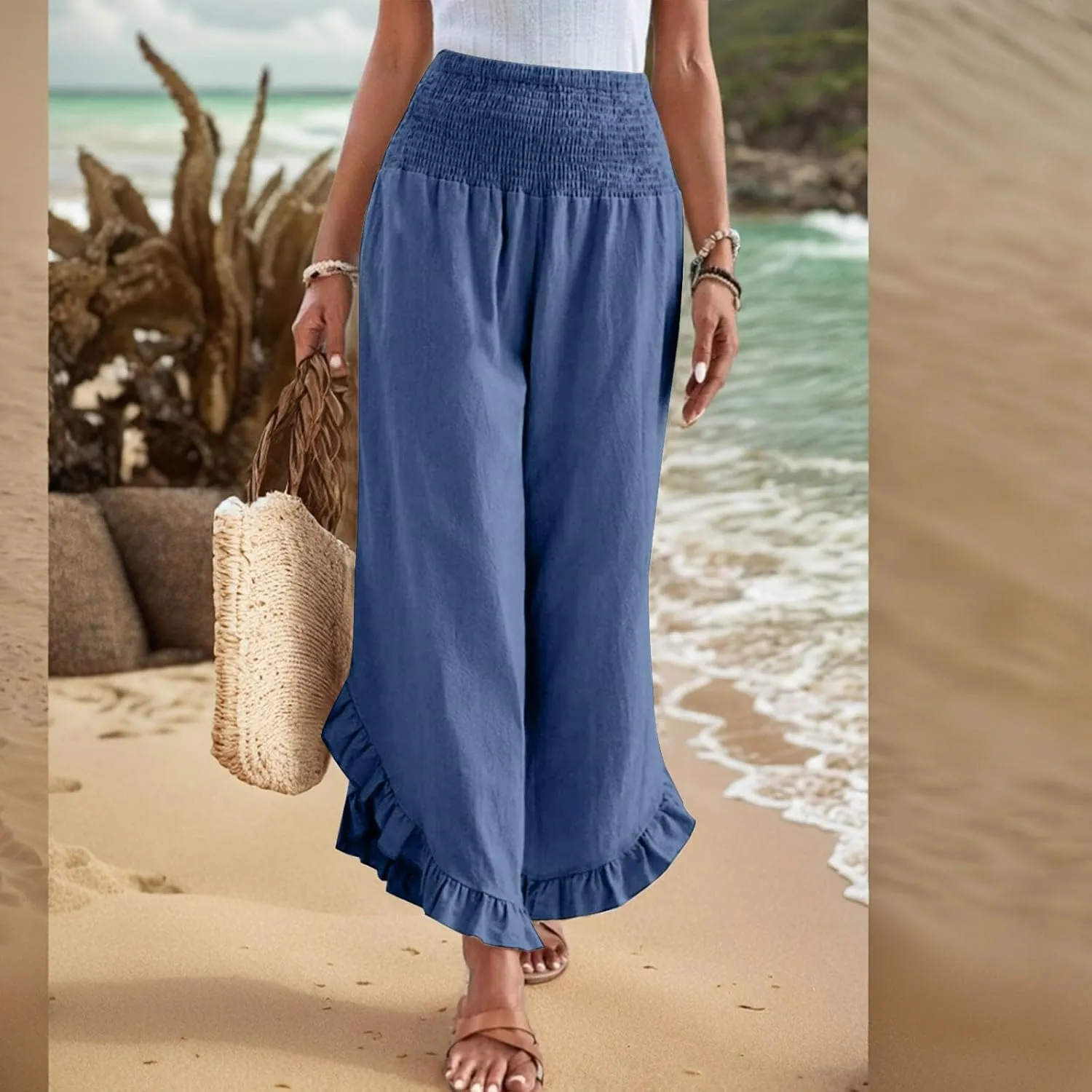 Women Linen Pants Summer Wide Leg Pants Smocked Waist Ruffle Hem Palazzo Pant Boho Flowy Beach Pant with Pocket