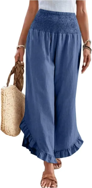 Women Linen Pants Summer Wide Leg Pants Smocked Waist Ruffle Hem Palazzo Pant Boho Flowy Beach Pant with Pocket