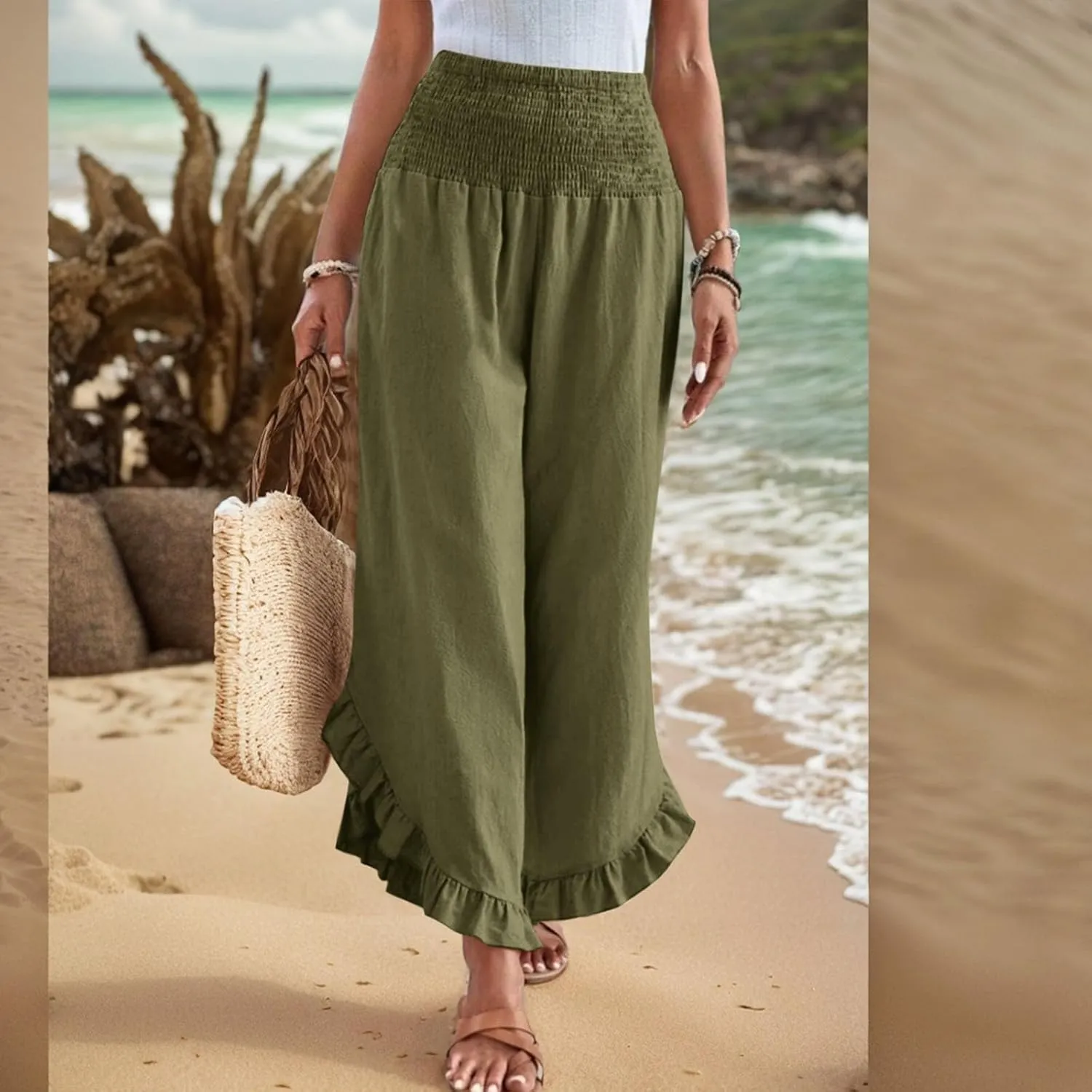 Women Linen Pants Summer Wide Leg Pants Smocked Waist Ruffle Hem Palazzo Pant Boho Flowy Beach Pant with Pocket