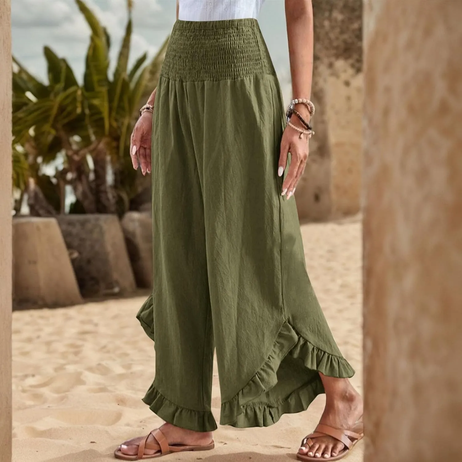 Women Linen Pants Summer Wide Leg Pants Smocked Waist Ruffle Hem Palazzo Pant Boho Flowy Beach Pant with Pocket