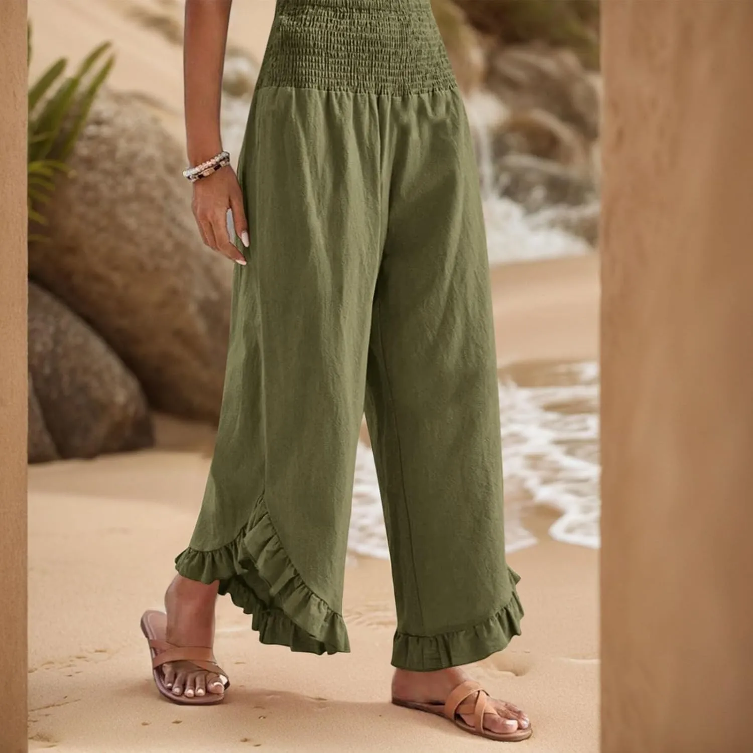 Women Linen Pants Summer Wide Leg Pants Smocked Waist Ruffle Hem Palazzo Pant Boho Flowy Beach Pant with Pocket