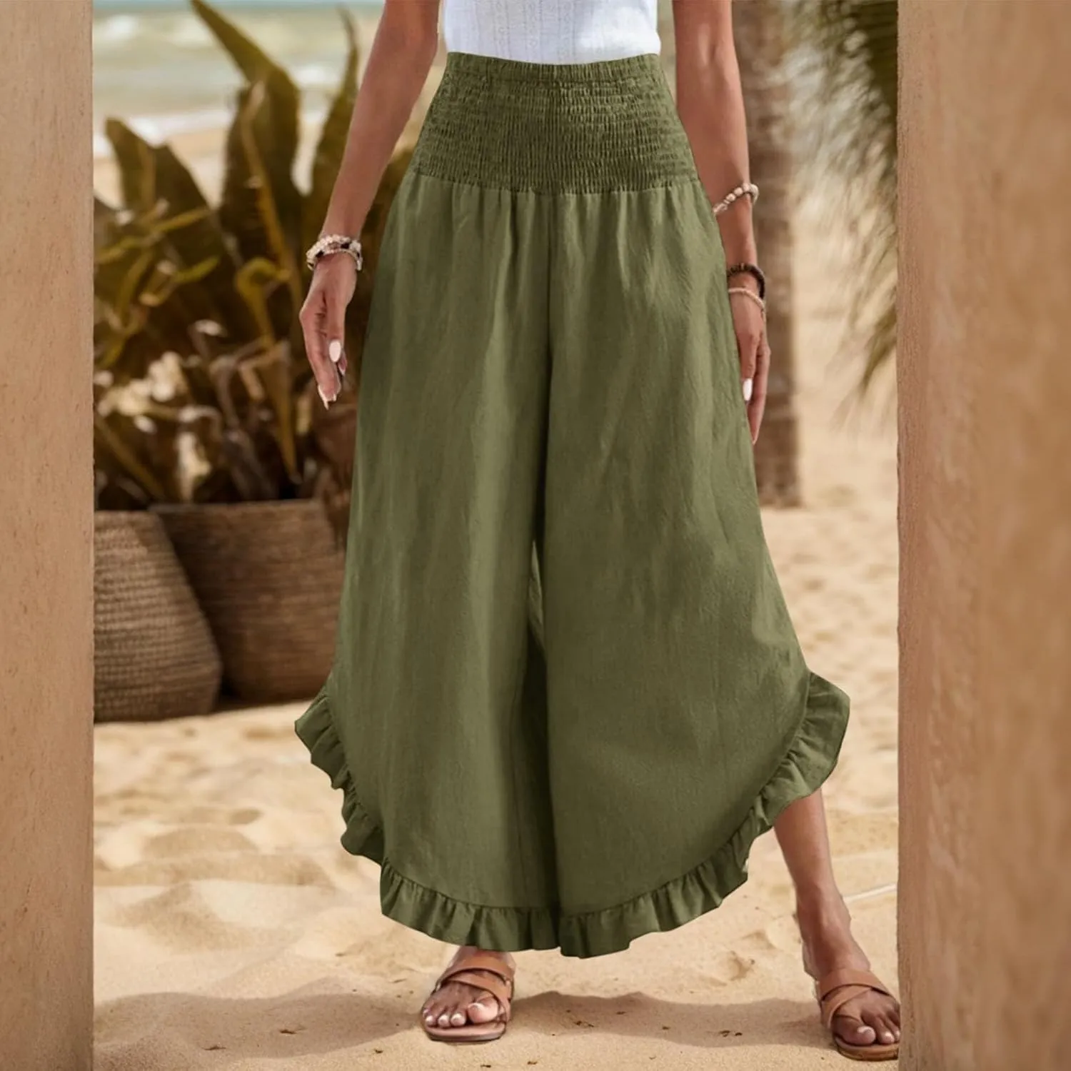 Women Linen Pants Summer Wide Leg Pants Smocked Waist Ruffle Hem Palazzo Pant Boho Flowy Beach Pant with Pocket