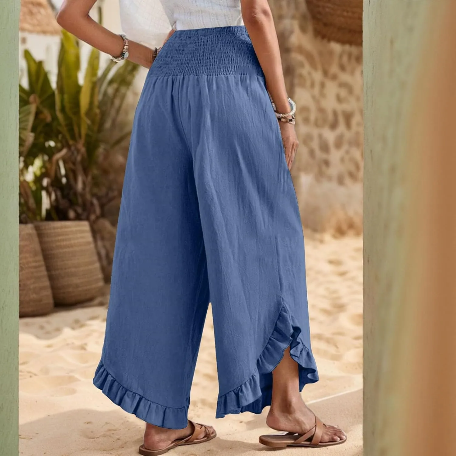 Women Linen Pants Summer Wide Leg Pants Smocked Waist Ruffle Hem Palazzo Pant Boho Flowy Beach Pant with Pocket