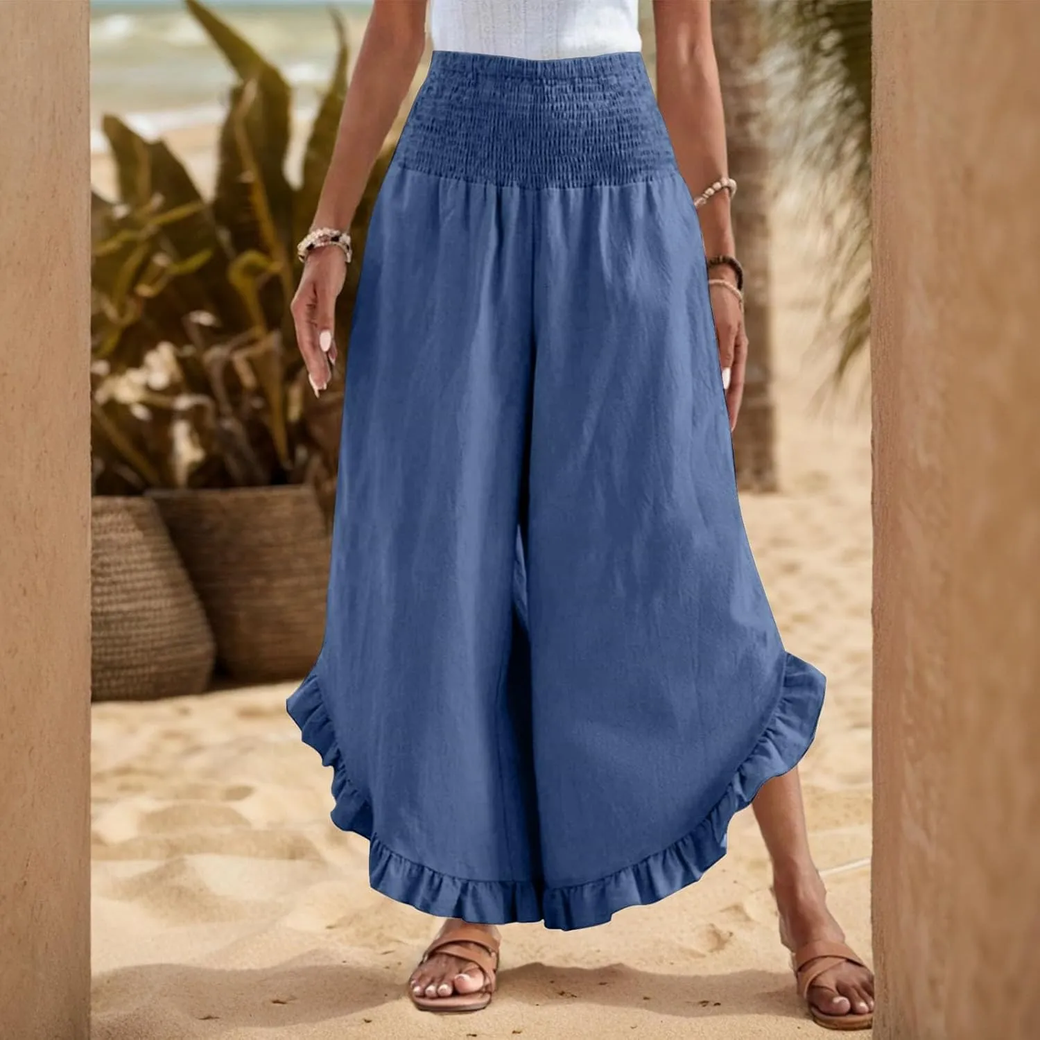 Women Linen Pants Summer Wide Leg Pants Smocked Waist Ruffle Hem Palazzo Pant Boho Flowy Beach Pant with Pocket
