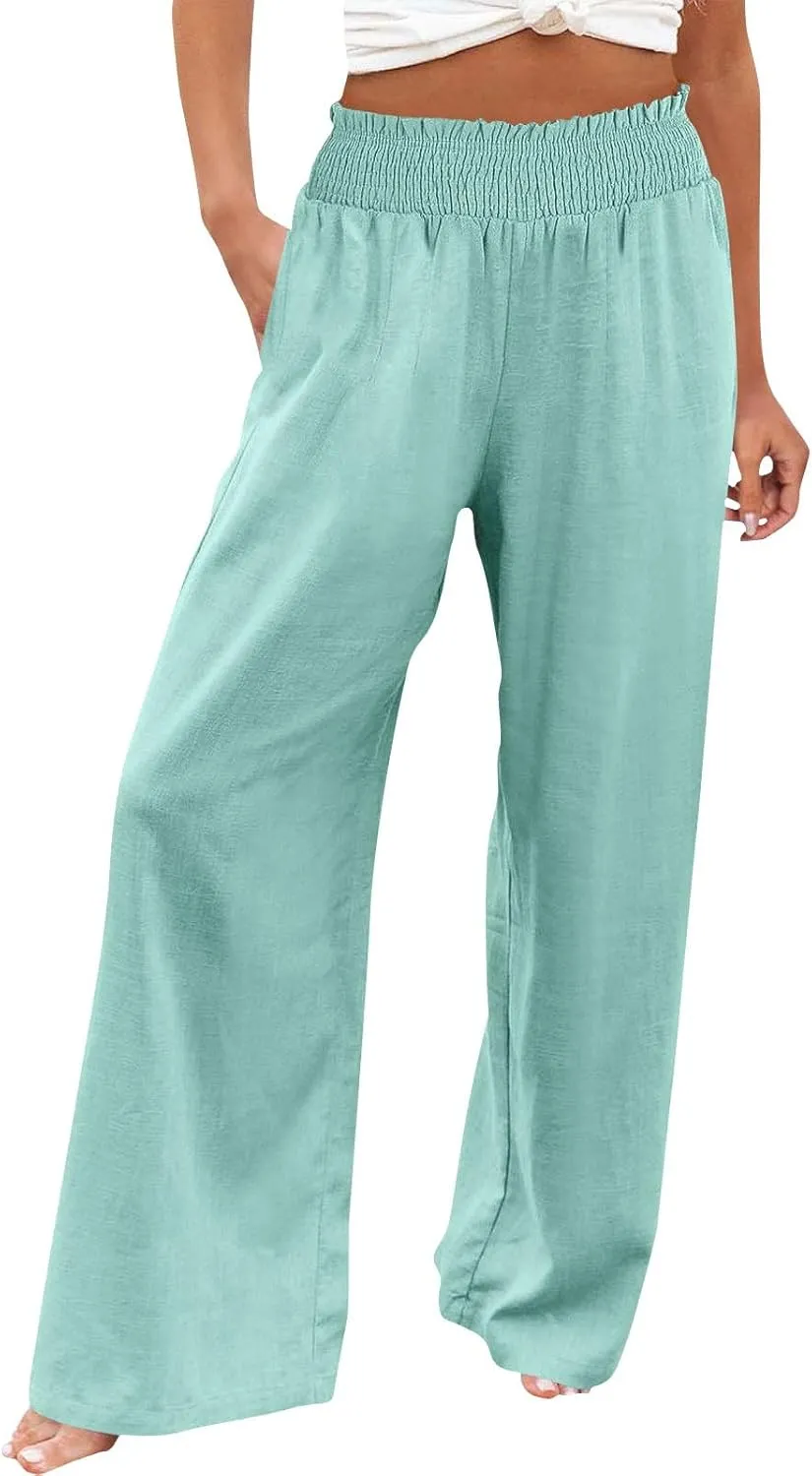 Women Palazzo Pants Linen Baggy Trousers Vacation Outfits High Waist Flowy Loose Wide Leg Pant with Pocket