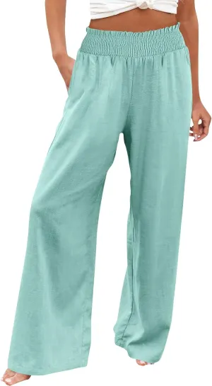 Women Palazzo Pants Linen Baggy Trousers Vacation Outfits High Waist Flowy Loose Wide Leg Pant with Pocket