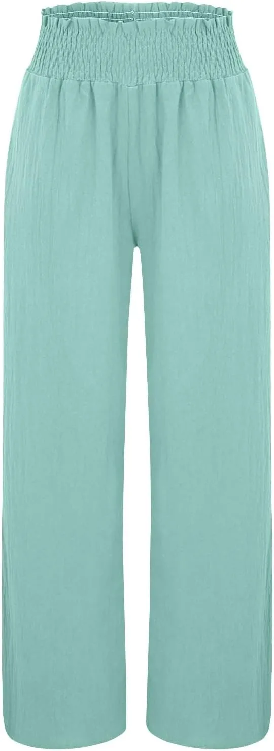 Women Palazzo Pants Linen Baggy Trousers Vacation Outfits High Waist Flowy Loose Wide Leg Pant with Pocket
