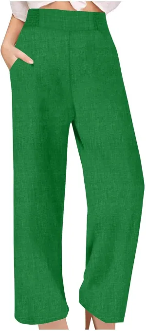 Women' s Linen Blend Wide Leg Pants Elastic Waist Casual Palazzo Trousers Capris Summe Cotton Linen Palazzo Pants