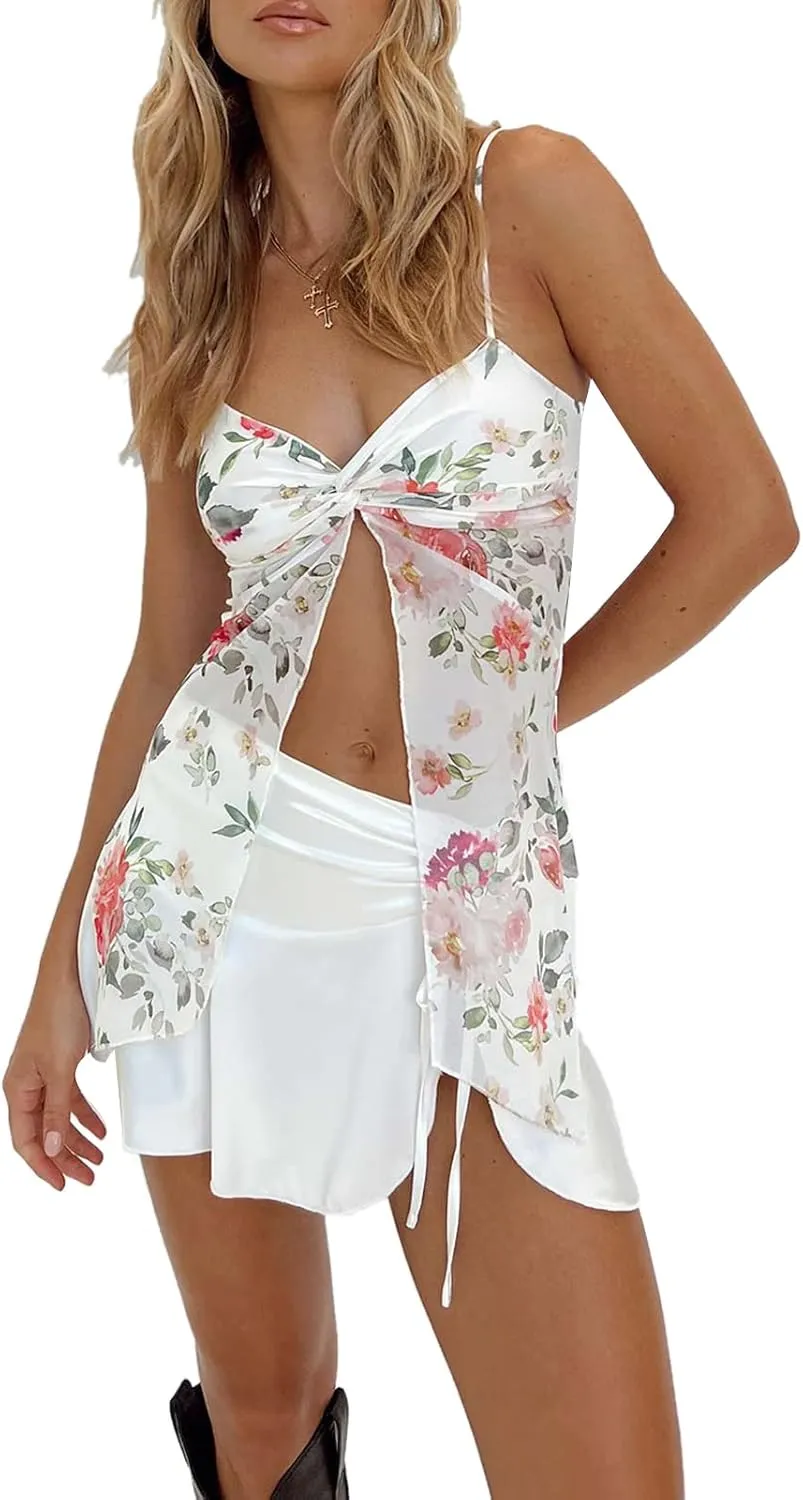 Women Sexy Y2k Camisole Spaghetti Strap Lace Frill Crop Top Bustier Backless Mesh Patchwork Tank Cami Aesthetic