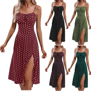 Women Spaghetti Strap Midi Dresses Summer Sleeveless Side Split Cami Sundress Polka Dot Print Evening Party Gown Dress