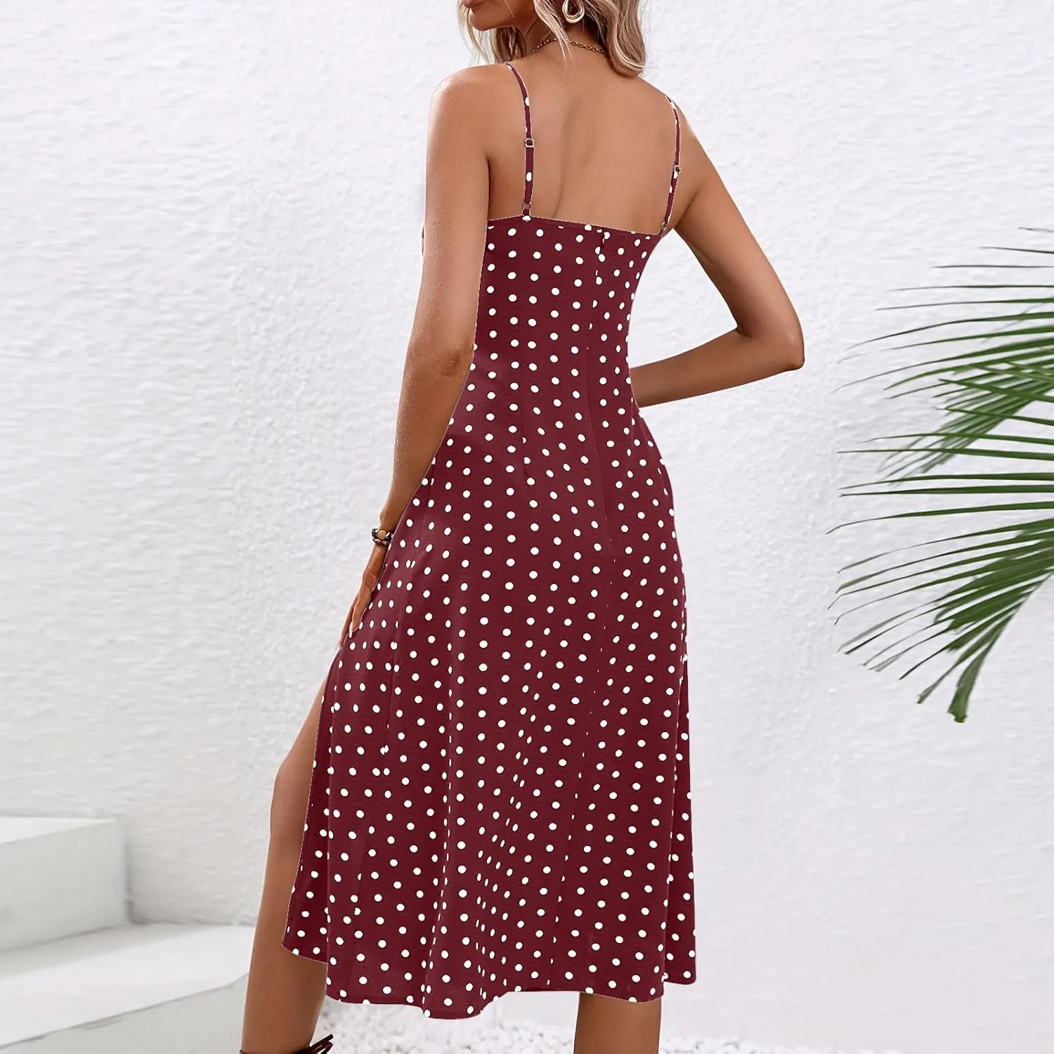 Women Spaghetti Strap Midi Dresses Summer Sleeveless Side Split Cami Sundress Polka Dot Print Evening Party Gown Dress