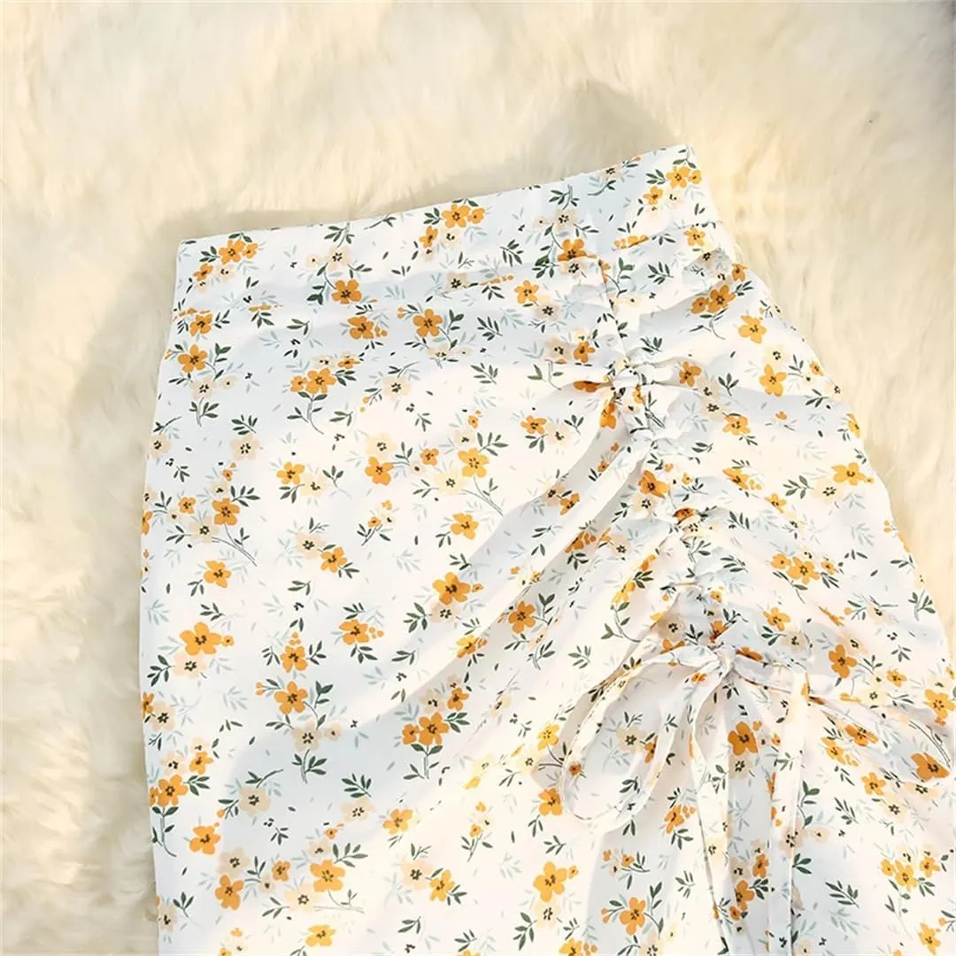 Women Spring Summer Irregular Skirt Elastic High Waist Elegant Chiffon Floral Printed Pencil Midi Skirt