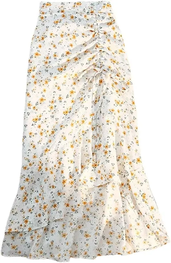 Women Spring Summer Irregular Skirt Elastic High Waist Elegant Chiffon Floral Printed Pencil Midi Skirt