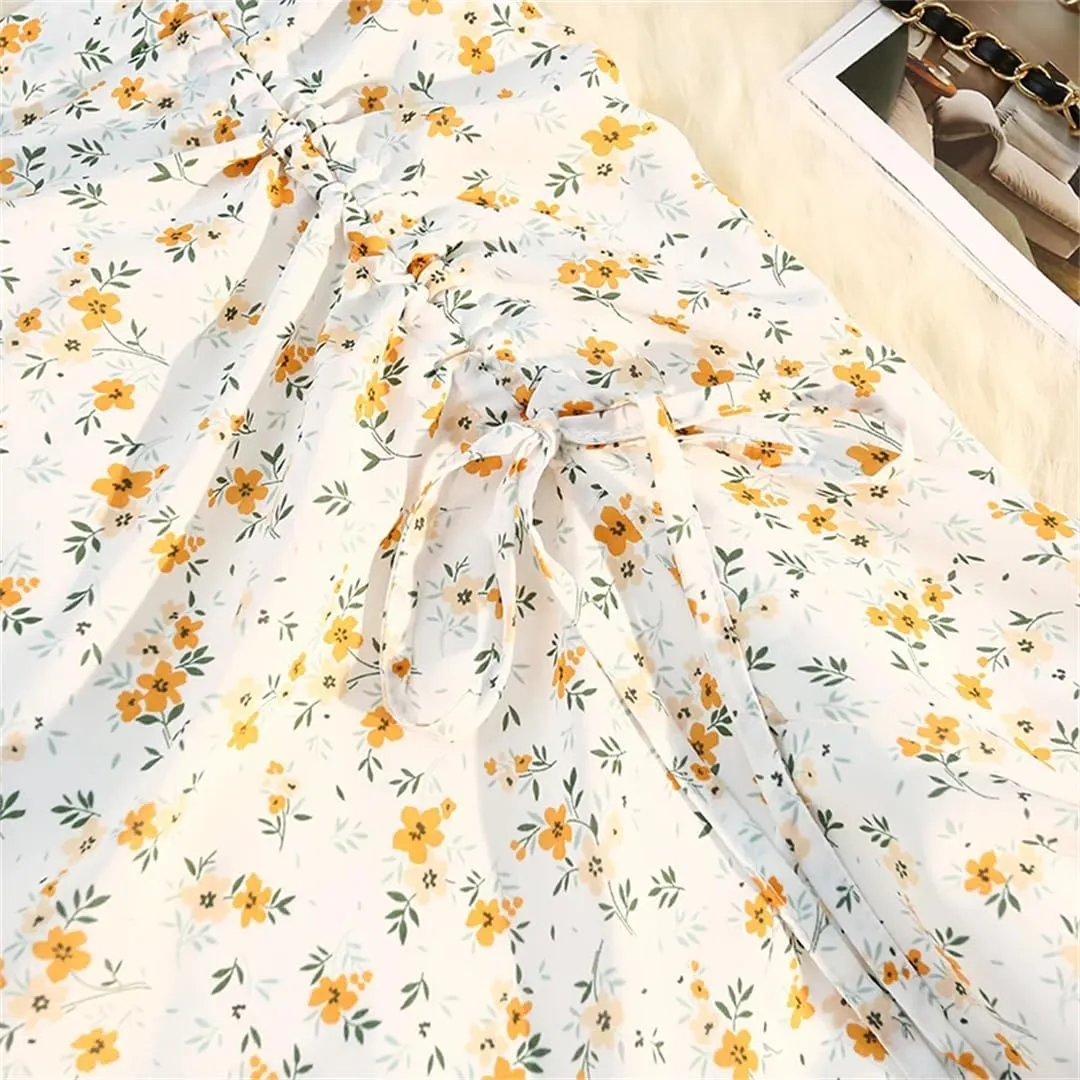 Women Spring Summer Irregular Skirt Elastic High Waist Elegant Chiffon Floral Printed Pencil Midi Skirt