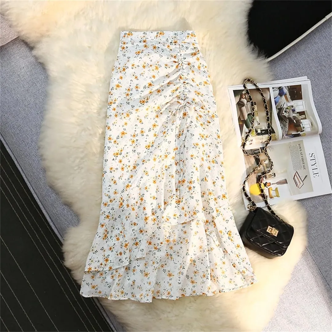 Women Spring Summer Irregular Skirt Elastic High Waist Elegant Chiffon Floral Printed Pencil Midi Skirt