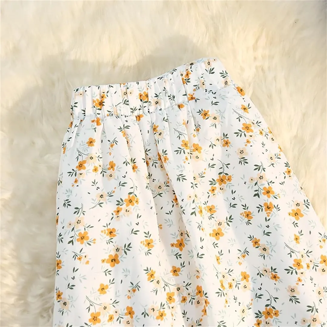 Women Spring Summer Irregular Skirt Elastic High Waist Elegant Chiffon Floral Printed Pencil Midi Skirt