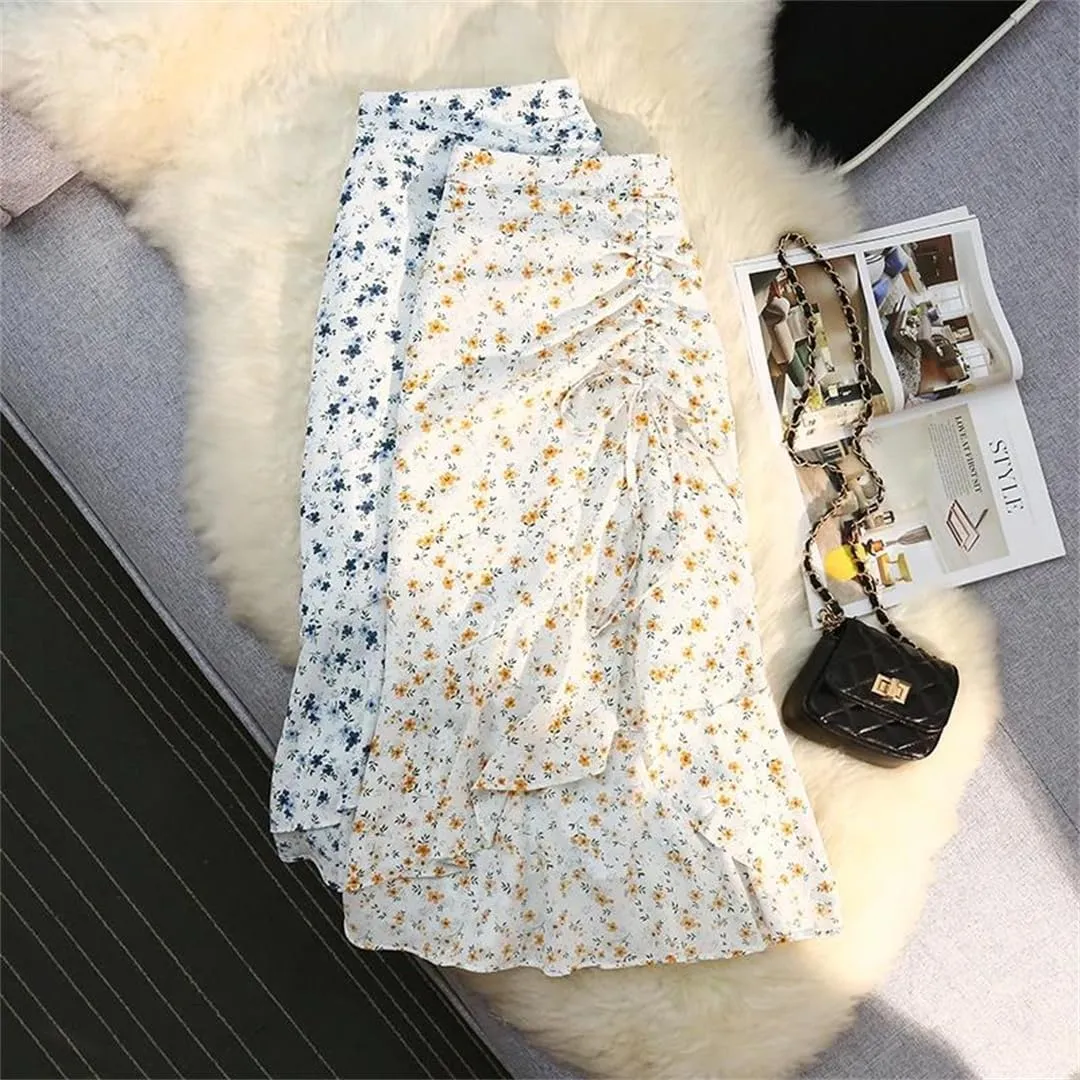Women Spring Summer Irregular Skirt Elastic High Waist Elegant Chiffon Floral Printed Pencil Midi Skirt