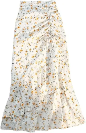 Women Spring Summer Irregular Skirt Elastic High Waist Elegant Chiffon Floral Printed Pencil Midi Skirt