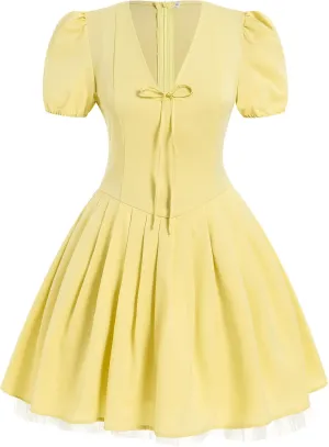 Women Summer Boho Dress V Neck Short Puff Sleeve Pleated Mini Dress Y2k Vintage Floral Ruffle A-line Sundress