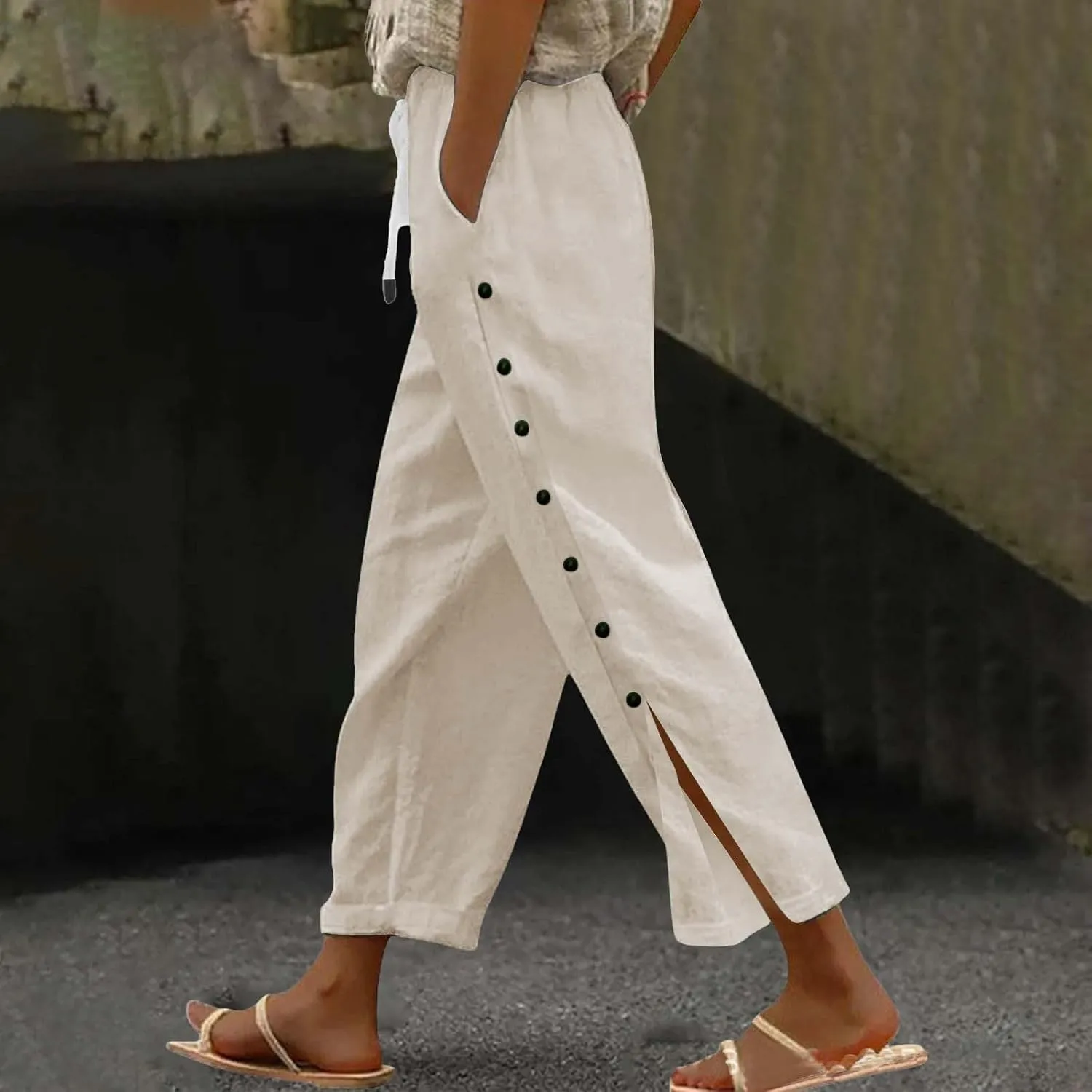 Women Summer Casual Linen Pants Striped Side Button Pants Baggy Elastic Waist Straight Leg Trousers with Pocket