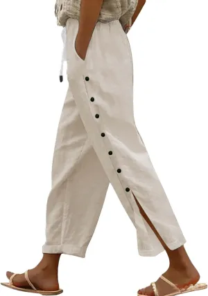 Women Summer Casual Linen Pants Striped Side Button Pants Baggy Elastic Waist Straight Leg Trousers with Pocket