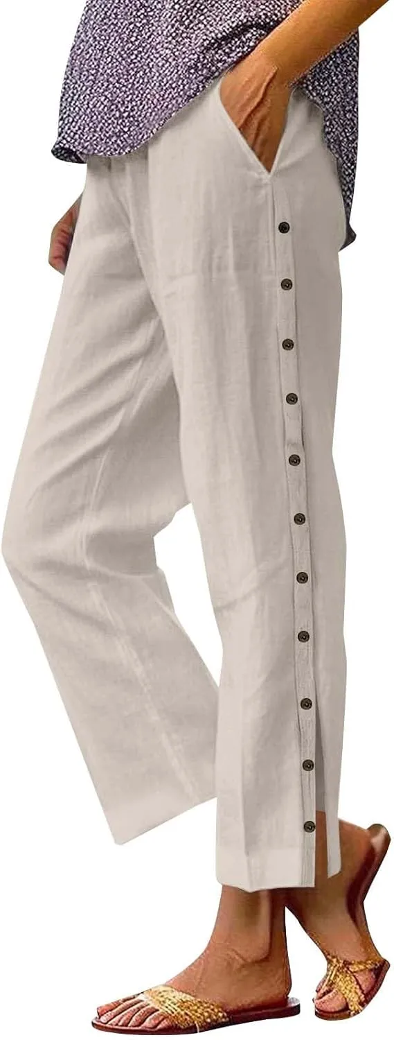 Women Summer Casual Linen Pants Striped Side Button Pants Baggy Elastic Waist Straight Leg Trousers with Pocket