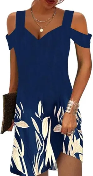 Women Summer Cold Shoulder Boho Midi Sun Dress Casual V Neck Floral Print Flowy Beach Shift Dress