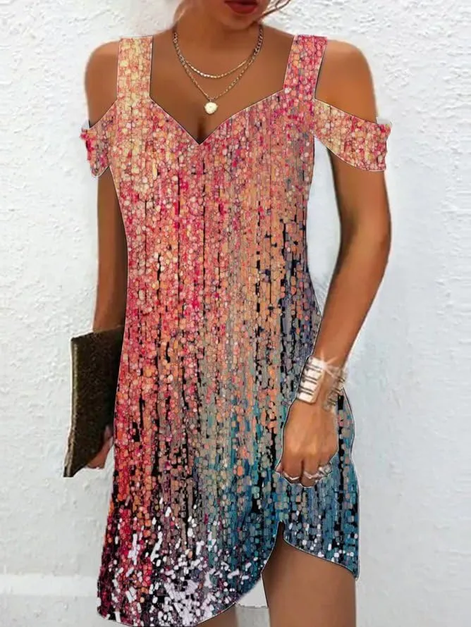 Women Summer Cold Shoulder Boho Midi Sun Dress Casual V Neck Floral Print Flowy Beach Shift Dress